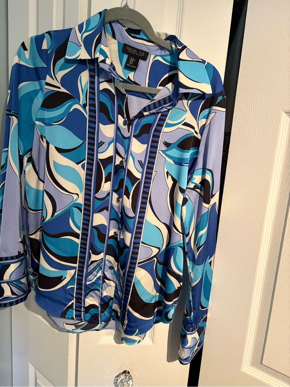 Rachel Zoe Blue Multi-Pattern Silk Button Front Shirt
